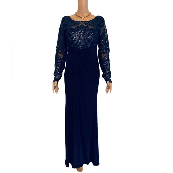 Formal long navy sequins, draped fitted gown - Picture 2 of 12